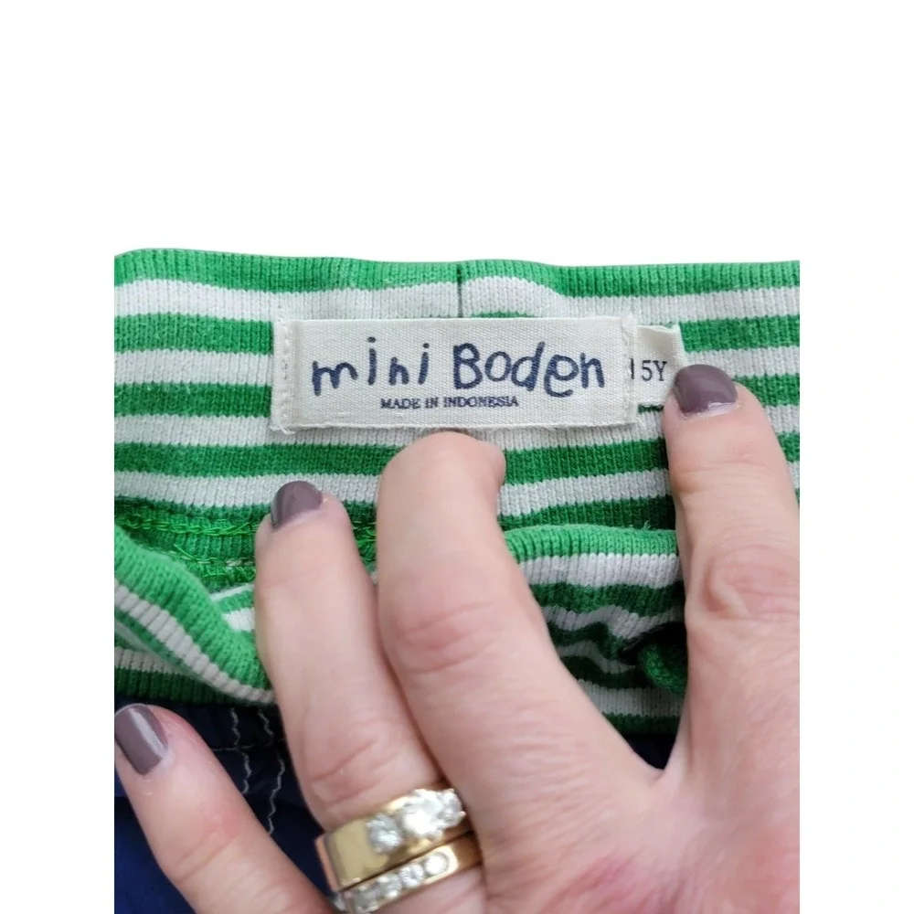Mini Boden Boys Blue Techno Cargo Shorts Green White Stripe Drawstring Waist 5Y